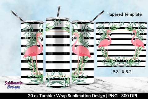 Summer Flamingos Black Stripes 20oz Skinny Tumbler Wrap Sublimation Design Sublimation Sublimatiz Designs 