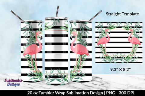 Summer Flamingos Black Stripes 20oz Skinny Tumbler Wrap Sublimation Design Sublimation Sublimatiz Designs 