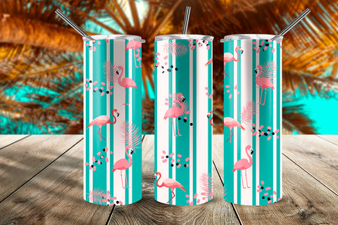 Summer Flamingos Tropical Pattern 20 oz Skinny Tumbler Wrap Design Blue Stripes Sublimation Sublimatiz Designs 