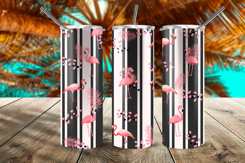 Summer Flamingos Tropical Pattern 20 oz Skinny Tumbler Wrap Design Dark Stripes Sublimation Sublimatiz Designs 