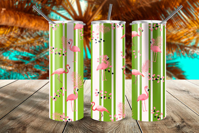 Summer Flamingos Tropical Pattern 20 oz Skinny Tumbler Wrap Design Green Stripes Sublimation Sublimatiz Designs 