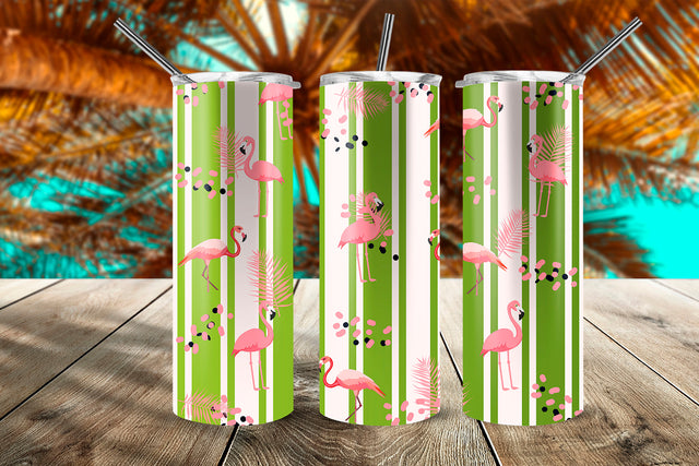 Summer Flamingos Tropical Pattern 20 oz Skinny Tumbler Wrap Design Green Stripes Sublimation Sublimatiz Designs 