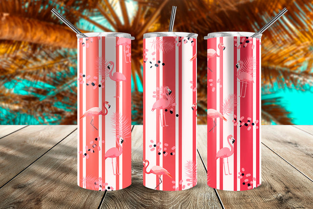 Summer Flamingos Tropical Pattern 20 oz Skinny Tumbler Wrap Design Pink Stripes Sublimation Sublimatiz Designs 