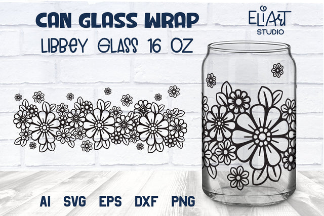 Summer Flowers Libbey Glass Can SVG, Floral Beer Can Glass Wrap, 16 OZ Libbey Glass PNG. SVG Elinorka 