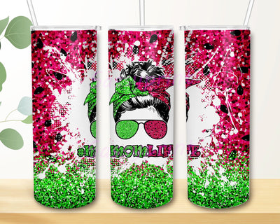 Summer Glitter Watermelon Messy Mom Life Bun Hair 20oz Skinny Sublimation Designs Tumbler for Straight/Tapered PNG File Digital Download Sublimation sassyprint 
