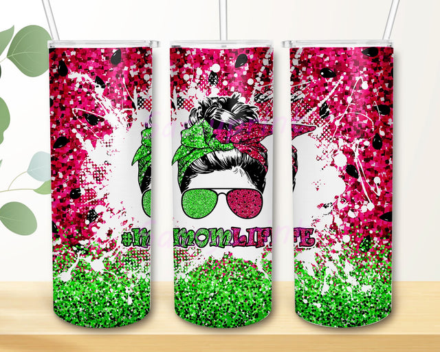 Summer Glitter Watermelon Messy Mom Life Bun Hair 20oz Skinny Sublimation Designs Tumbler for Straight/Tapered PNG File Digital Download Sublimation sassyprint 