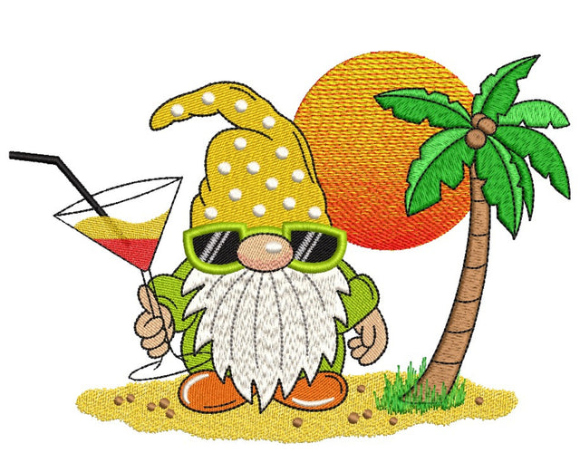 Summer Gnome Embroidery Design, Gnome with a Сocktail Embroidery File, 3 sizes Embroidery/Applique DESIGNS Nino Nadaraia 