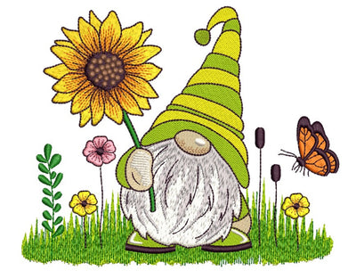 Summer Gnome in Flowers Embroidery Design, 4 sizes, Instant Download Embroidery/Applique DESIGNS Nino Nadaraia 