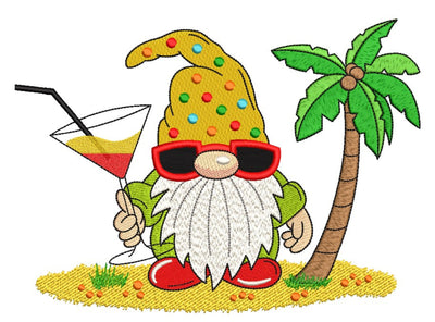 Summer Gnome with a Cocktail Embroidery Design, 3 sizes Embroidery/Applique DESIGNS Nino Nadaraia 