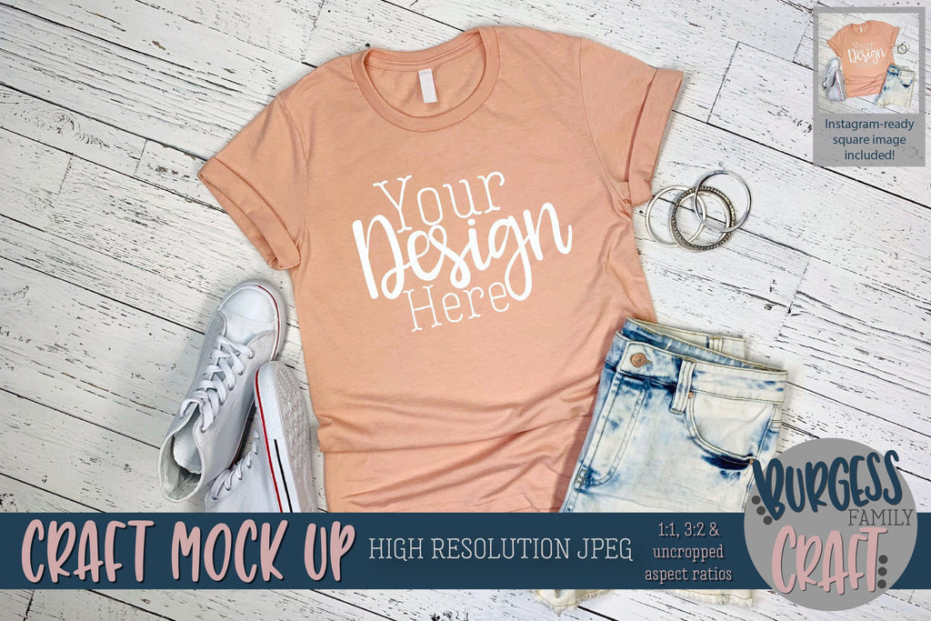 Summer peach t-shirt 3001 Craft mock up | High resolution JPEG - So Fontsy