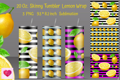 Summer Skinny Tumbler Sublimation Bundle. Colorful Lemon Tumbler Design Sublimation Kseniia designer 