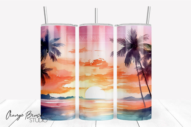 Summer Tumbler Wrap 20 Oz Beach Sunset Sublimation Design Sublimation OrangeBrushStudio 