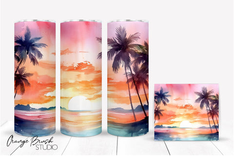 Summer Tumbler Wrap 20 Oz Beach Sunset Sublimation Design Sublimation OrangeBrushStudio 
