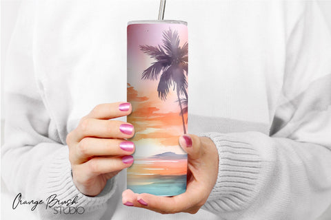 Summer Tumbler Wrap 20 Oz Beach Sunset Sublimation Design Sublimation OrangeBrushStudio 