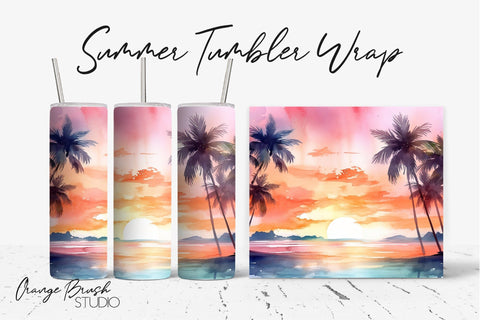 Summer Tumbler Wrap 20 Oz Beach Sunset Sublimation Design Sublimation OrangeBrushStudio 