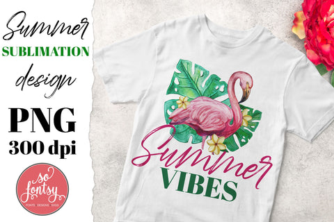 Summer vibes sublimation design. Watercolor flamingo and Tropical leaves illustration Sublimation Yustaf Art Store 