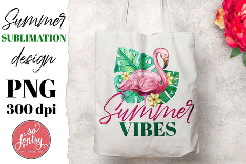 Summer vibes sublimation design. Watercolor flamingo and Tropical leaves illustration | VIP Extended Use License Sublimation So_Fontsy_VIP 