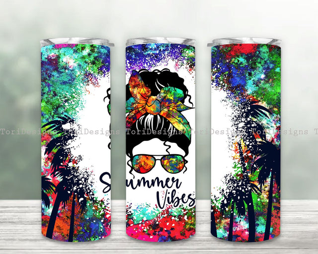 Summer Vibes Tumbler Wrap, Messy bun 20oz Skinny Tumbler Summer Design Sublimation ToriDesigns 