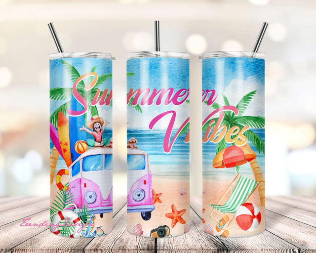 Summer Vibes Watercolor Beach 20oz Skinny Tumbler Sublimation Designs for Straight/Tapered Tumbler Design - PNG Digital Download Sublimation TrendingDesign 