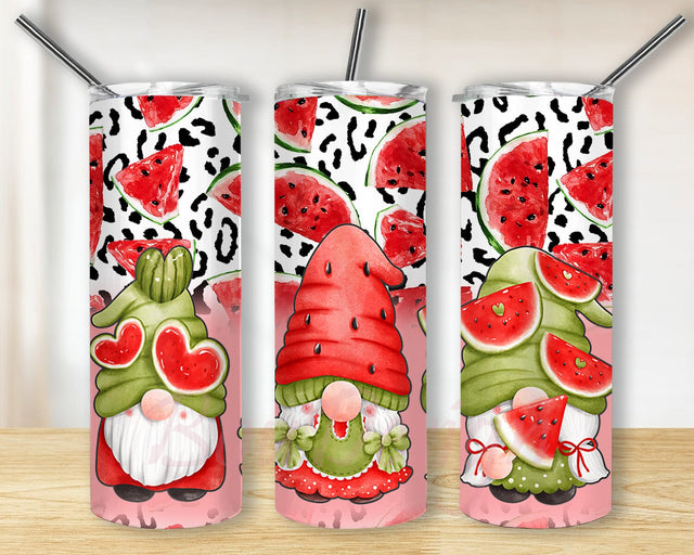 Summer Watermelon Gnomes 20oz Skinny Tumbler Png, Watermelon Tumbler, Gnomes Tumbler, Watercolor Graphics Welcome Png Sublimation BouDesign 