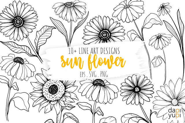 Sun Flower Line Art Graphic Illustration Bundle SVG dapiyupi store 