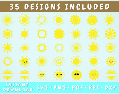 Sun SVG Bundle - 35 Designs, Smiling Sun SVG, Sun in Sunglasses SVG, Sun Monogram SVG SVG HappyDesignStudio 