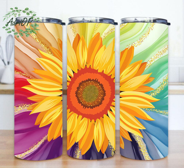 Sunflower 20oz Skinny Png, Floral Tumbler Design, Rainbow Glitter Tumbler Wrap, Sunflower Tumbler With Lid And Straw, Digital Download Sublimation AdriOP 