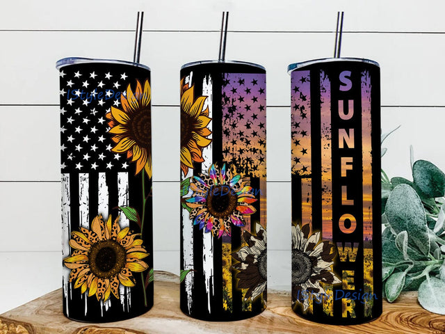 Sunflower 20oz Skinny Tumbler, American Flag Tumbler Wrap, Sunflowers Leopard Tumbler Png, Sunflower Tie Dye Design Png, Instant Download Sublimation iStyleDesign 