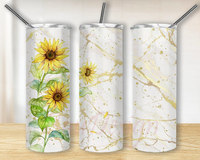 Sunflower 20oz Skinny Tumbler, Marble Gold Tumbler Wrap, Sunflower Tumbler Design, Sunflower Tumbler With Lid And Straw, Digital Download Sublimation BouDesign 