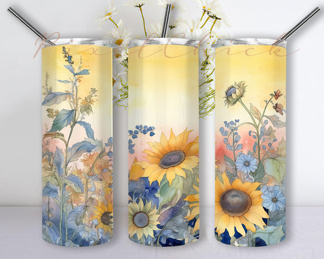 Sunflower 20oz Skinny Tumbler Png, Pick Yourself First Tumbler, Self Love Care Tumbler, Vintage Sunflowers Tumbler, Seamless Pattern Sunflower Png Sublimation PixelChick 