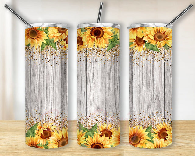 Sunflower 20oz Skinny Tumbler Png, Wood Tumbler, Rustic Png, Sunflower Border Png, Gold Glitter Png, Wood Sunflower Tumbler Png, Wood Rustic Png Sublimation BouDesign 