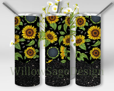Sunflower 20oz Skinny Tumbler, Sunflower Black Glitter Tumbler Wrap, Sunflower Sublimation Design, Instant Download Sublimation WillowSageDesign 