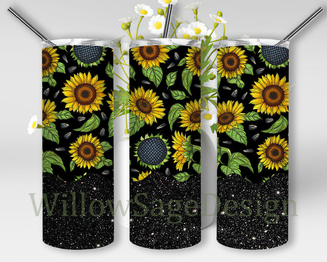 Sunflower 20oz Skinny Tumbler, Sunflower Black Glitter Tumbler Wrap, Sunflower Sublimation Design, Instant Download Sublimation WillowSageDesign 