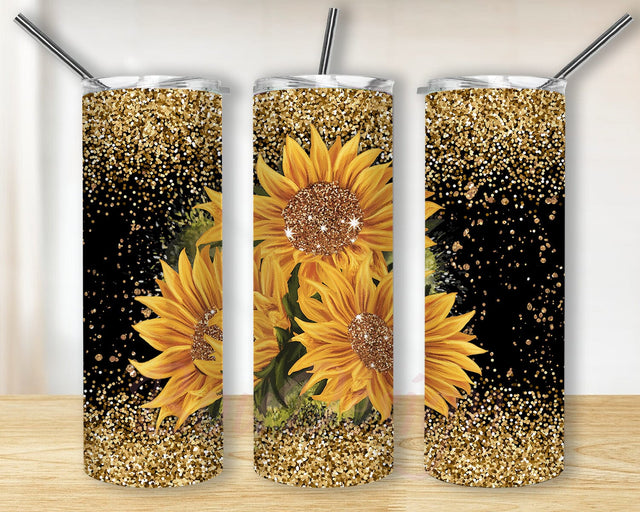 Sunflower 20oz Skinny Tumbler, Sunflower Glitter Tumbler Template, Gold Glitter Tumbler Wrap, Flower Sublimation Png, Instant Download Sublimation BouDesign 