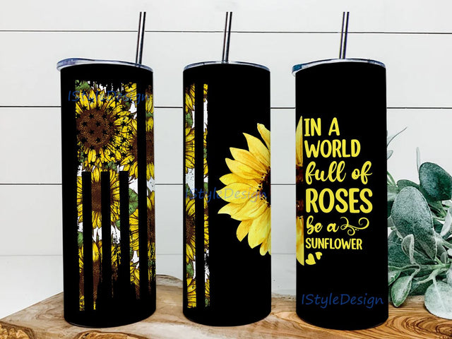 Sunflower American Flag 20 oz Skinny Tumbler Straight and Warped Design Digital Download PNG Sublimation iStyleDesign 