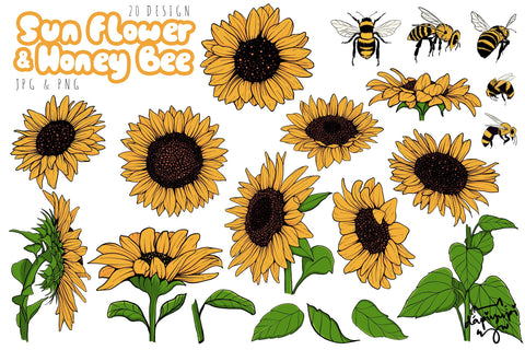 Sunflower and Bee Clipart Bundle Sublimation dapiyupi store 