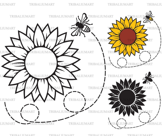 Sunflower and flying Bee SVG TribaliumArtSF 