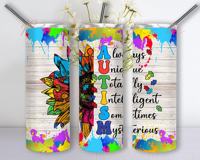 Sunflower Autism Awareness 20oz Skinny Tumbler Design Sublimation, Autism Tumbler, Sunflower, Half Sunflower Autism, Autism Sunflower Tumbler Sublimation PixelChick 