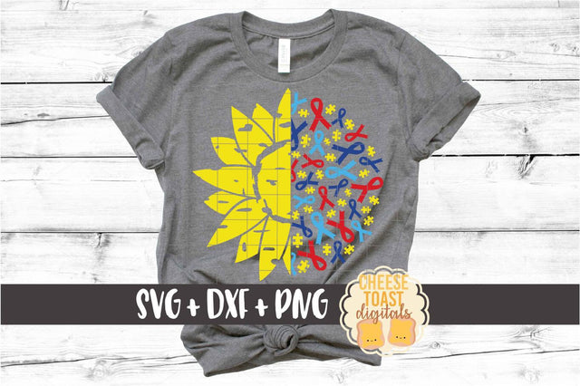 Sunflower Autism Puzzle Piece Ribbon Mandala - SVG PNG DXF Cut Files SVG Cheese Toast Digitals 