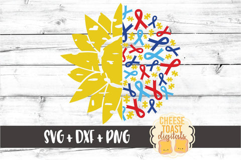 Sunflower Autism Puzzle Piece Ribbon Mandala - SVG PNG DXF Cut Files SVG Cheese Toast Digitals 