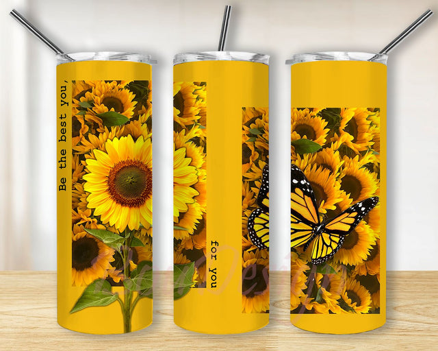Sunflower Be The Best You Tumbler PNG, Butterflies and Sunflower Sublimation, Butterfly 20oz Skinny Tumbler Sublimation Sublimation BouDesign 