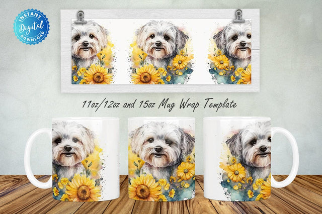 Sunflower Beautiful Watercolor Maltese Terrier 11, 12 & 15 Oz Mug Sublimation Sublimation Regulrcrative 