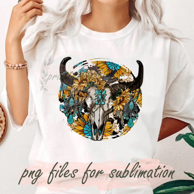 Sunflower Bull Skull Design Png, Bull Skull Gemstone Png, Western Bull Skull Png, Western Sunflower Png, Sunflower Gemstone PNG, Western Cowhide Sublimation, Instant Download Sublimation PrintingLife 