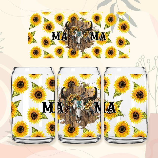 Sunflower Bull Skull Mama Glass Can Mug Tumbler Design PNG Digital Download, Sunflower 16 oz Libbey Can Sublimation Design Sublimation PrintingLife 