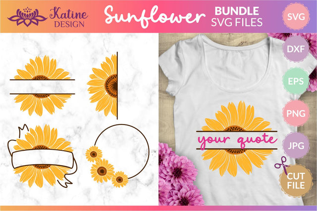 Sunflower bundle monogram svg, sunflower svg, split monogram svg, flower border svg, floral frame svg, sunflower clipart, sunflower png, sunflower vector, cricut sunflower svg, flower svg, floral svg, sunflower png, svg files for cricut SVG KatineDesign 