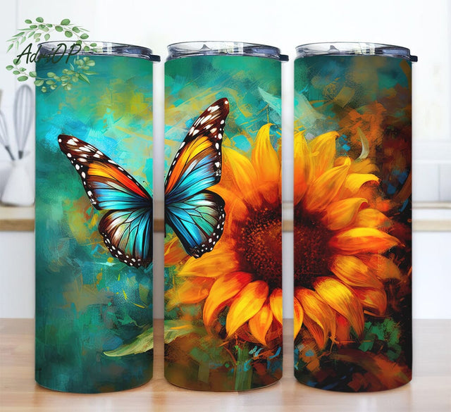 Sunflower Butterfly 20oz Skinny Tumbler Png, Sunflower Paintings For Sale With Butterfly Tumbler, Sunflower Tumbler Design, Monarch Sunflower Butterfly Tumbler Sublimation AdriOP 