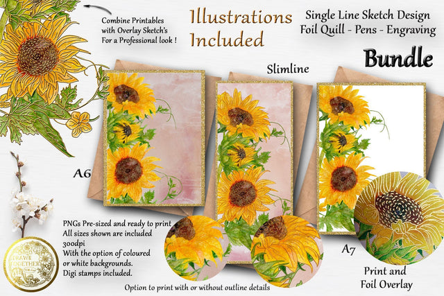 Sunflower Cards - Single line for Foil Quill | Digi Stamp. | A6 | A7 | Slimline .Bundle Sketch DESIGN DrawnTogether with love 