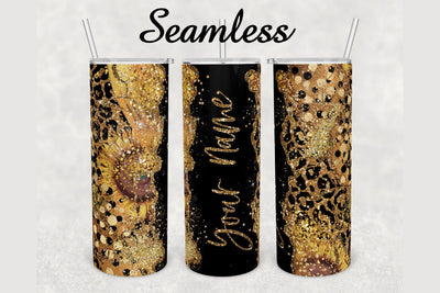 Sunflower Cheetah Gold Glitter Agate Tumbler sublimation design 20 oz skinny tumbler wrap Sublimation BambinaCreations 