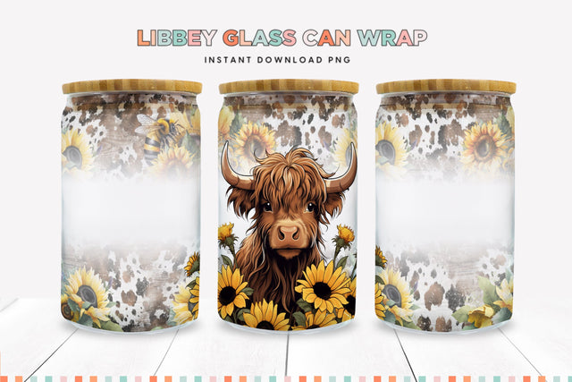 Sunflower Cow 16 oz Glass Can Sublimation Wrap Sublimation BijouBay 
