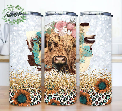 Sunflower Cow 20oz Skinny Tumbler Png, Flower Farmer Tumbler, Farming Cow Gift For Cowgirl Cowboy, Glitter Sunflower Cow Tumbler, Floral Highland Cow Tumbler Sublimation AdriOP 
